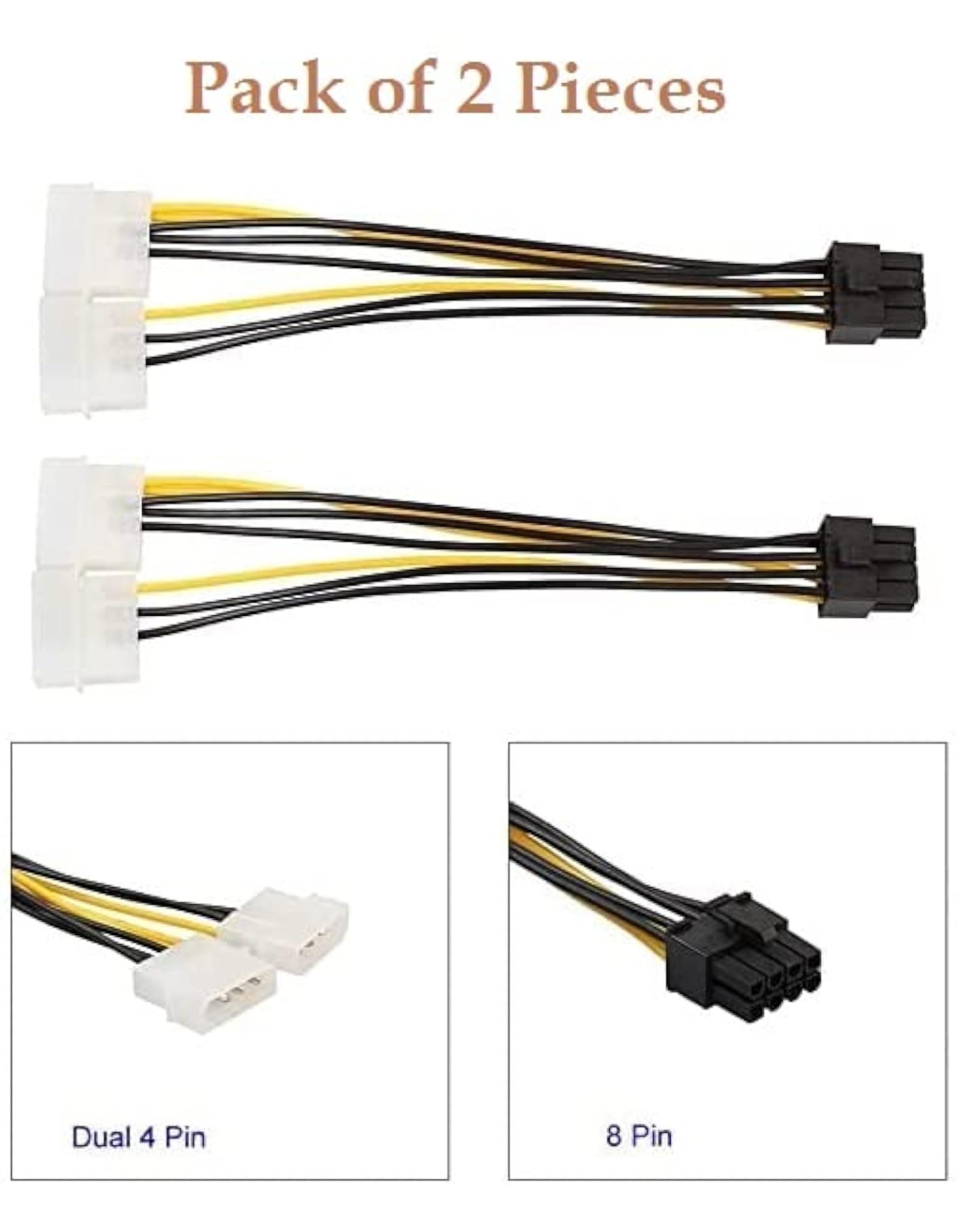 Dual 4Pin to 8Pin PCI Express Power Cable, Pack of 2